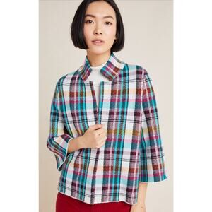 Anthropologie Rosetta Crop‎ Sweater Jacket Womens XS Harvest Plaid 3/4 Sleeve